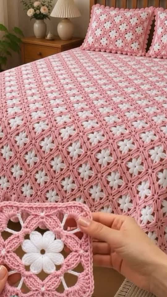 A crochet bedspread with interlocking pink and white daisy granny squares covering a bed, and a hand holding one finished square.