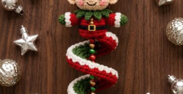 A crocheted elf ornament with a spiral candy-cane tail, festive hat, and jingle bells, designed as a hanging Christmas tree decoration.