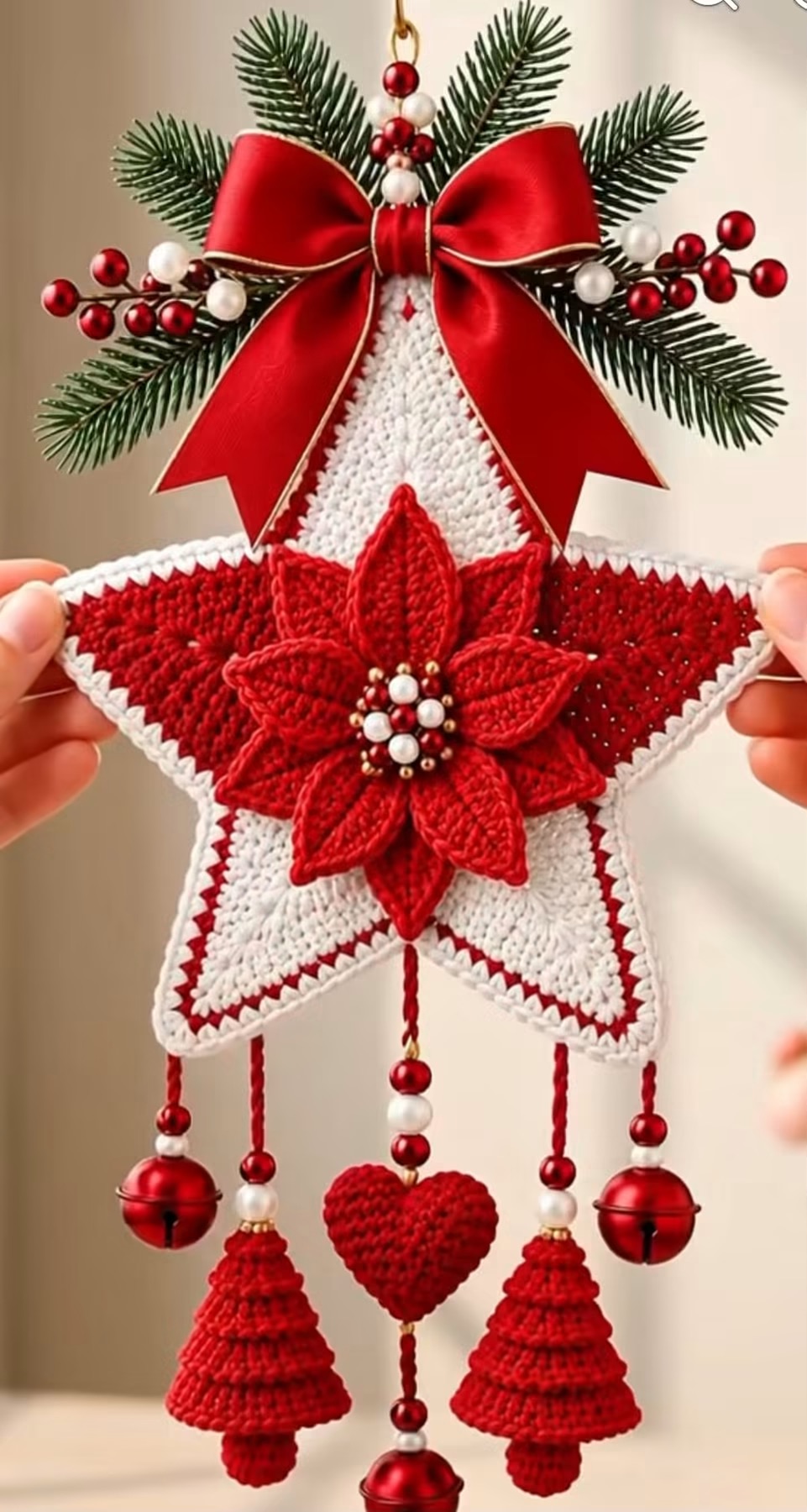 A crochet Christmas star wall hanging in red and white, featuring a poinsettia flower, bow, pine sprigs, and dangling crocheted trees, heart, and bells.