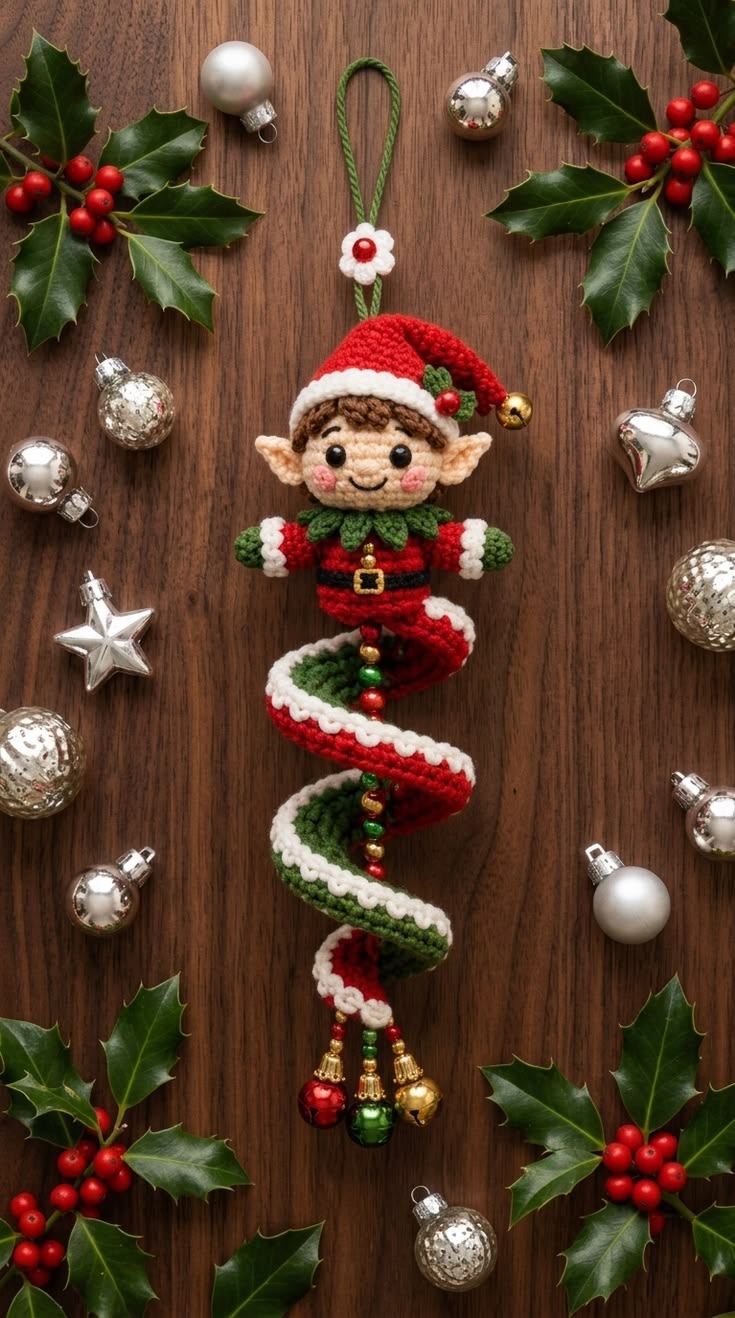 A crocheted elf ornament with a spiral candy-cane tail, festive hat, and jingle bells, designed as a hanging Christmas tree decoration.