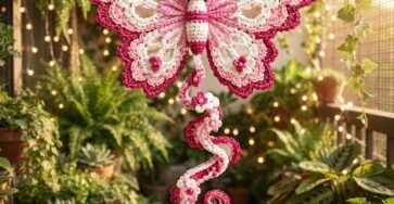 A large, lacy crochet butterfly wall hanging with pink and white wings, spiraled tail, antennae, and decorative flowers.