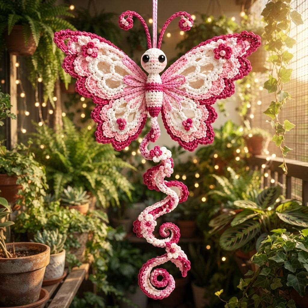 A large, lacy crochet butterfly wall hanging with pink and white wings, spiraled tail, antennae, and decorative flowers.