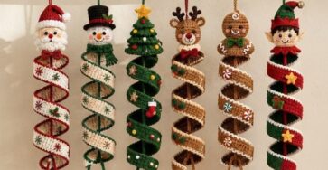 A set of crocheted spiral hanging Christmas ornaments inspired by Santa, snowman, tree, reindeer, gingerbread, and elf with whimsical, festive details.