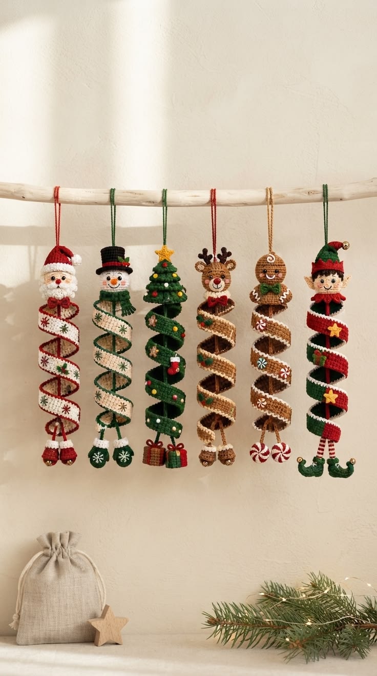 A set of crocheted spiral hanging Christmas ornaments inspired by Santa, snowman, tree, reindeer, gingerbread, and elf with whimsical, festive details.