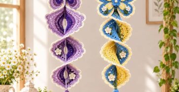 Colorful layered crochet butterfly spiral wall hangings with scalloped edges, floral appliqués, and tassels, ideal as decorative home accents.