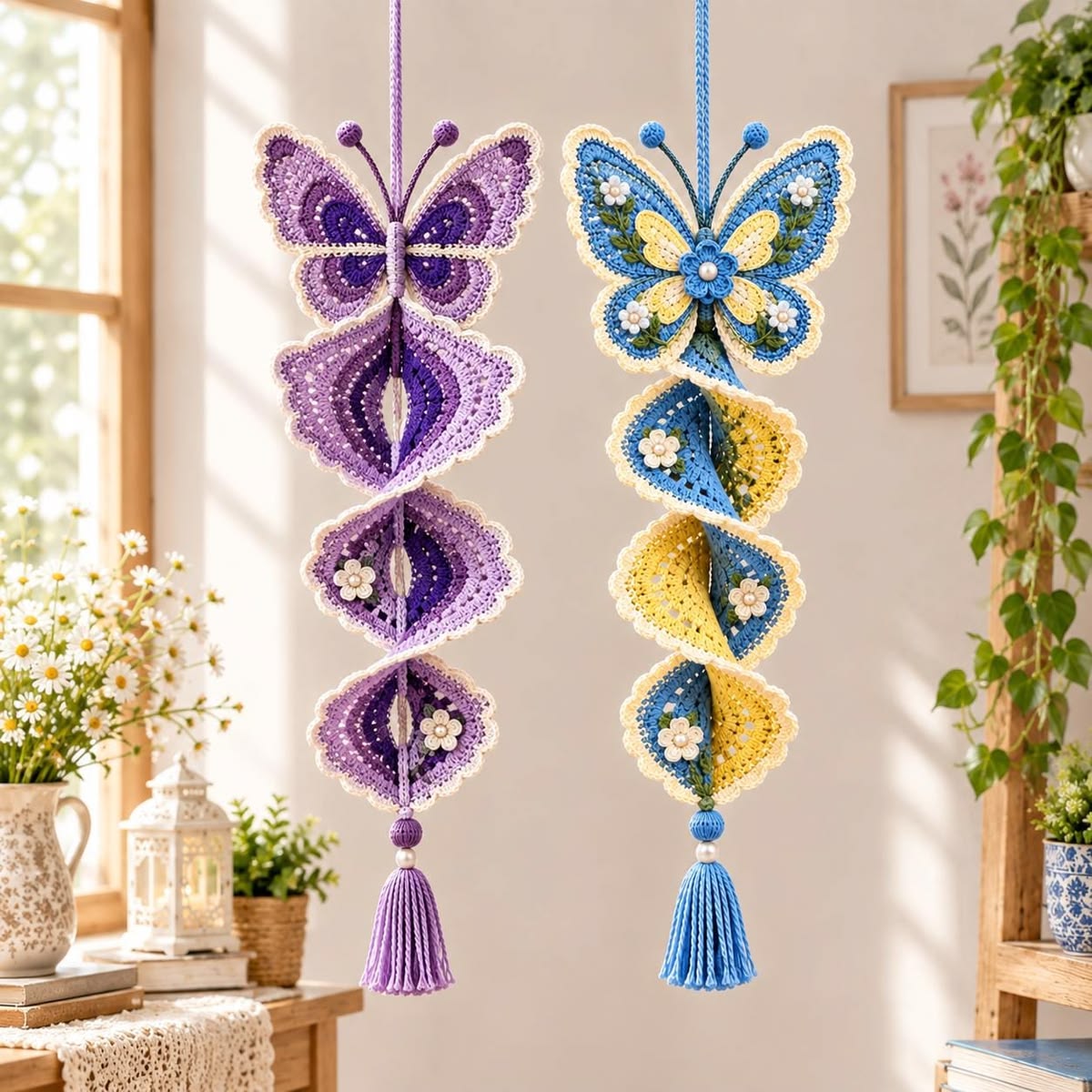 Colorful layered crochet butterfly spiral wall hangings with scalloped edges, floral appliqués, and tassels, ideal as decorative home accents.