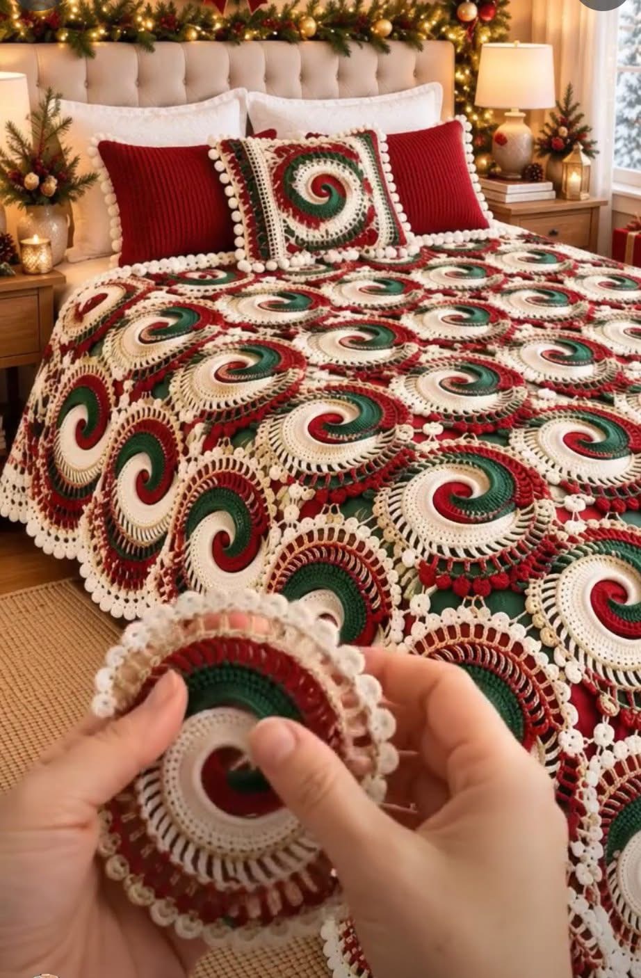 A crochet Christmas-themed bedspread and pillow set featuring large circular swirl motifs in red, green, and white with decorative edges.