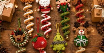 Various crocheted Christmas ornaments featuring character heads like Santa, reindeer, bunny, elf, wreath, and spiral tails in red, green, gold, and white.
