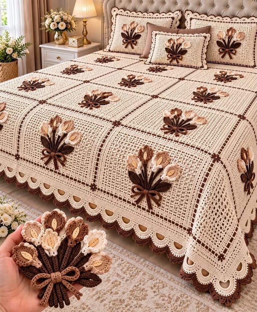A handmade crochet bedspread with lacy granny squares, brown and beige floral bouquet appliqués, and matching pillows in a rustic bedroom setting.