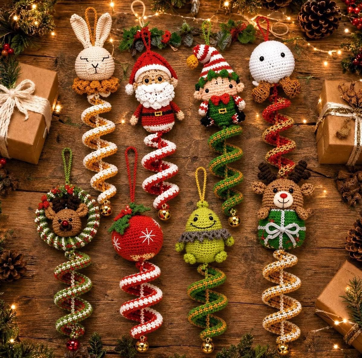 Various crocheted Christmas ornaments featuring character heads like Santa, reindeer, bunny, elf, wreath, and spiral tails in red, green, gold, and white.