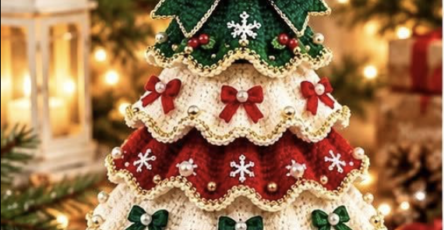 Layered crochet Christmas tree with green, red, and white ruffled tiers, mini bows, snowflakes, bead ornaments, and a gold star topper.