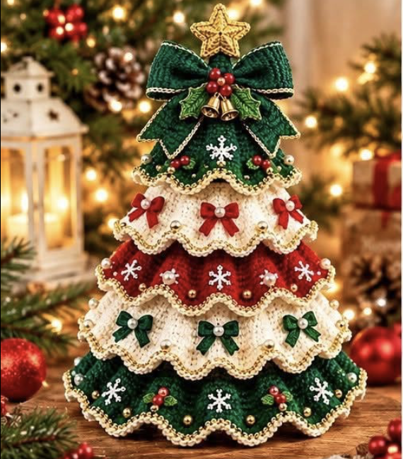 Layered crochet Christmas tree with green, red, and white ruffled tiers, mini bows, snowflakes, bead ornaments, and a gold star topper.