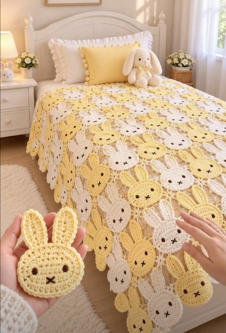 A cozy bed draped with a crochet blanket made of yellow and white bunny face motifs, with crocheted bunny faces shown in hand.