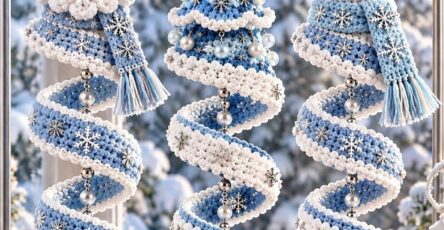 Three crocheted winter ornaments: Santa, a snowman, and a Christmas tree, each with spiraling blue and white bands decorated with beads and snowflakes.