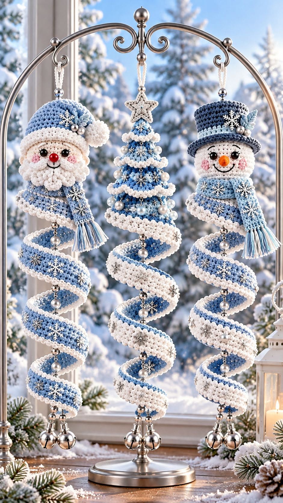 Three crocheted winter ornaments: Santa, a snowman, and a Christmas tree, each with spiraling blue and white bands decorated with beads and snowflakes.