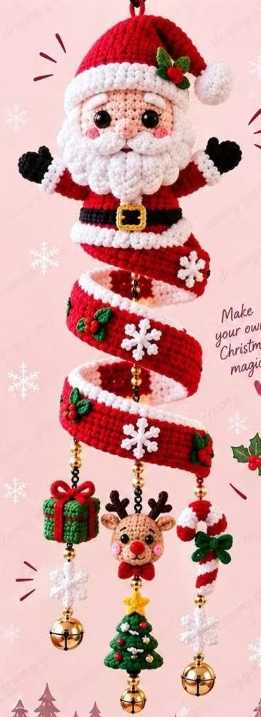 Crocheted Santa spiral Christmas wall hanging featuring Santa, a spiral body, snowflakes, a present, reindeer, candy cane, tree, and jingle bells.