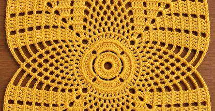 Bright yellow crochet doily with a square shape and radiating petal motifs, displayed with yarn, a crochet hook, and pearls.