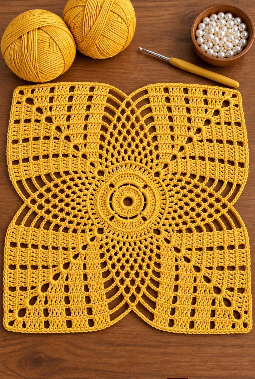 Bright yellow crochet doily with a square shape and radiating petal motifs, displayed with yarn, a crochet hook, and pearls.
