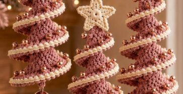 Three spiral crochet Christmas tree ornaments with cream stars, beaded cream edgings, rose tree bodies, and metallic bell accents.