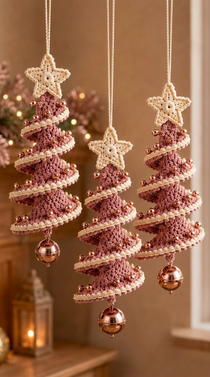 Three spiral crochet Christmas tree ornaments with cream stars, beaded cream edgings, rose tree bodies, and metallic bell accents.