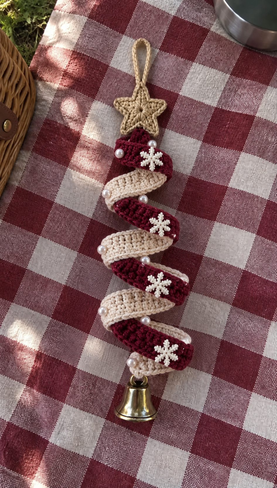A spiral crochet Christmas tree ornament with burgundy and beige stripes, a crocheted star at the top, pearl beads, snowflake appliqués, and a bell at the base.