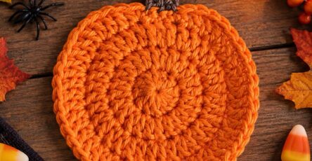 A crochet pumpkin coaster with a round orange body and brown stem, styled with pumpkins, leaves, and Halloween decorations.