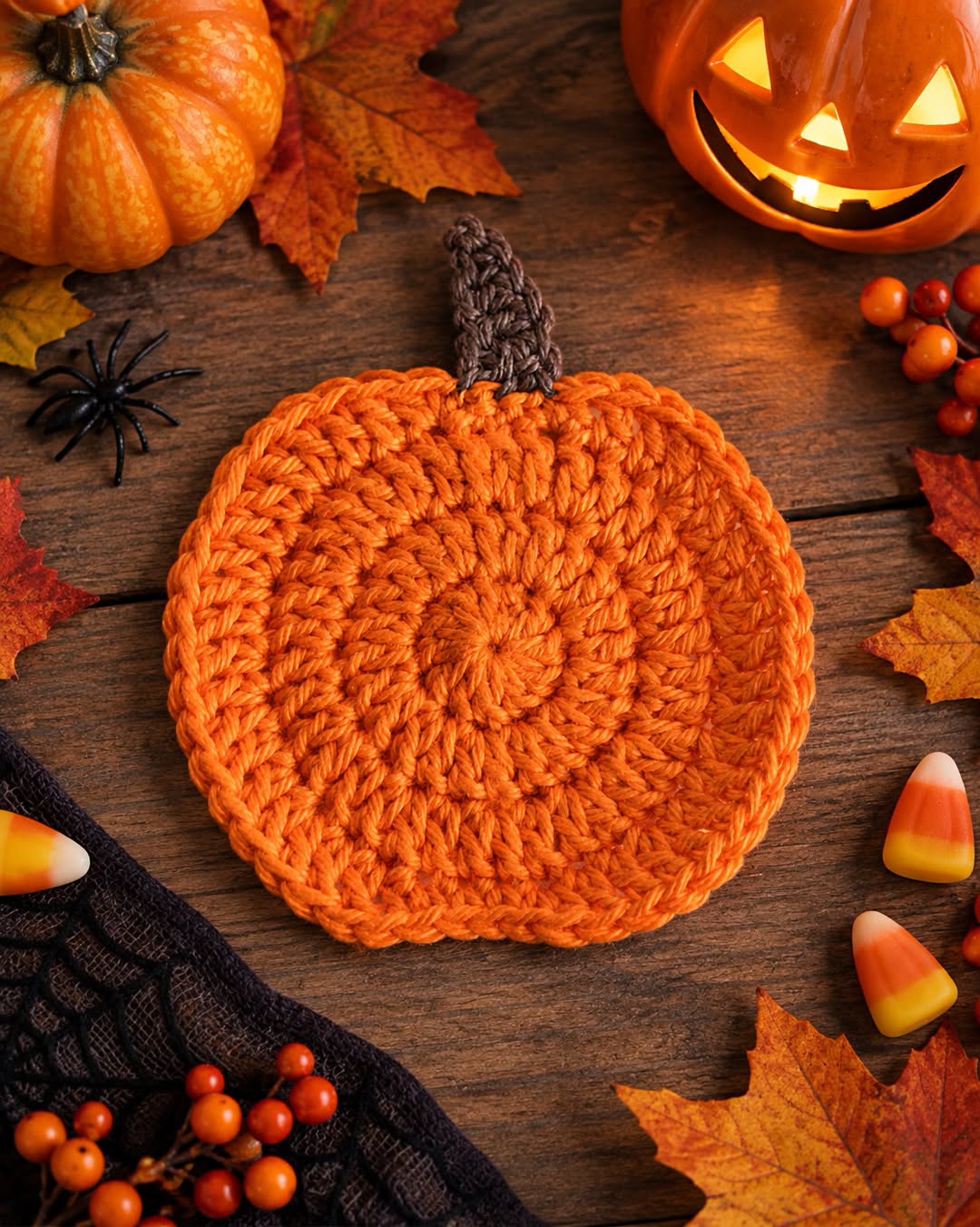 A crochet pumpkin coaster with a round orange body and brown stem, styled with pumpkins, leaves, and Halloween decorations.