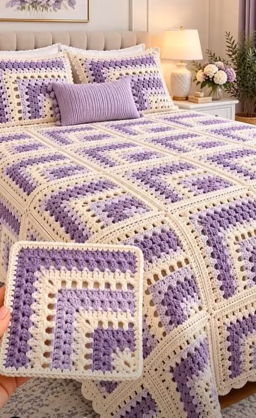 Lavender and cream log cabin granny square crochet blanket on a bed with matching pillows in a cozy bedroom.