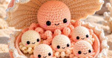 A crocheted oyster shell, lined with pearls, filled with several cute smiling octopus amigurumi in pastel tones set on the beach.