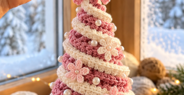 Hand holding a spiral crochet Christmas tree ornament in pink and cream tones, decorated with small flowers, pearls, a pink bow, and a gold bell base.