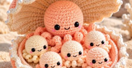 A crocheted oyster shell, lined with pearls, filled with several cute smiling octopus amigurumi in pastel tones set on the beach.