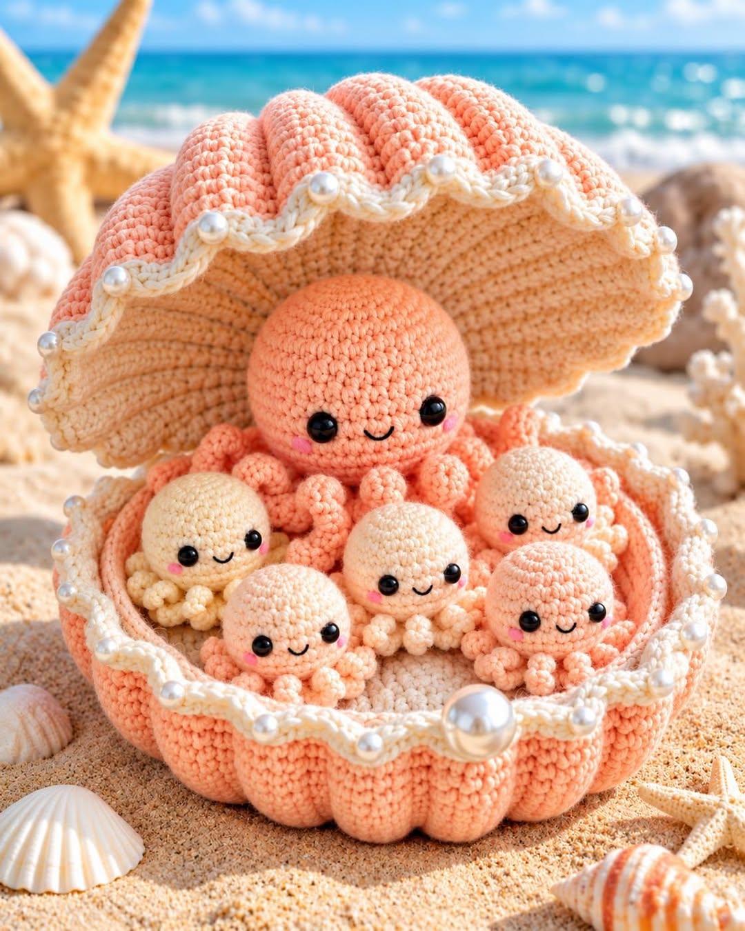 A crocheted oyster shell, lined with pearls, filled with several cute smiling octopus amigurumi in pastel tones set on the beach.