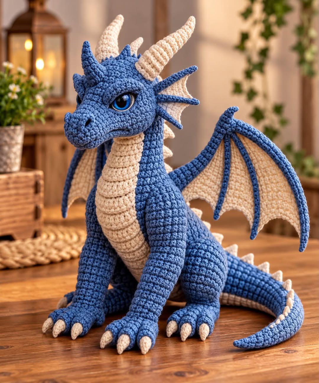 A crocheted blue and cream dragon amigurumi with detailed wings, horns, claws, and expressive eyes sitting on a wooden table.