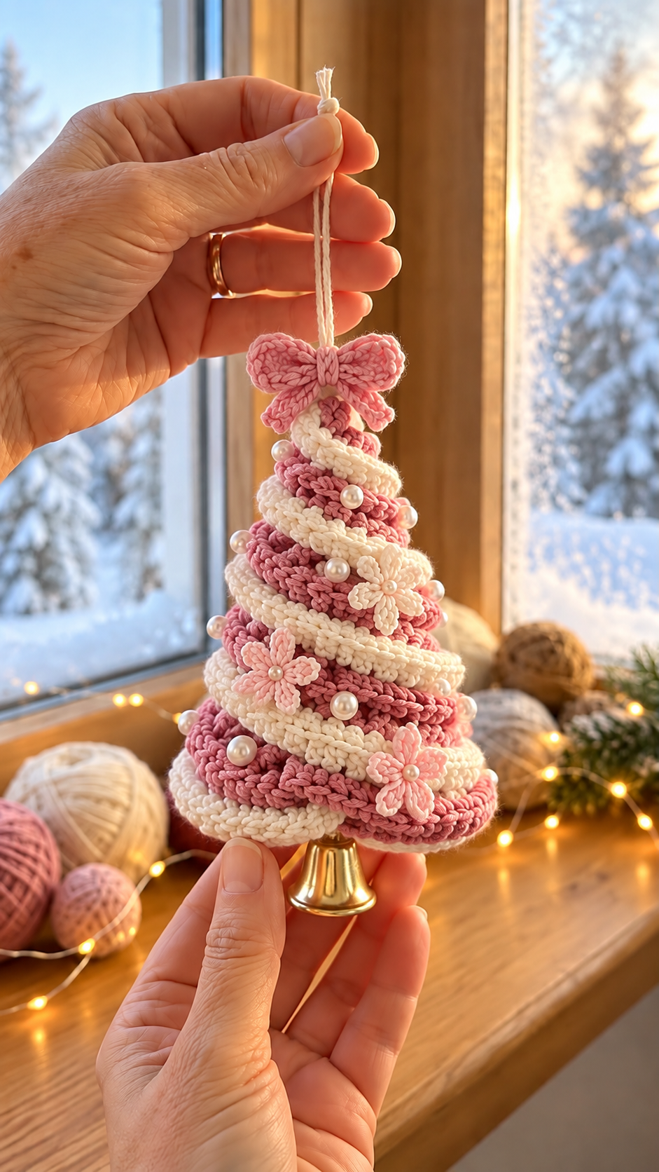 Hand holding a spiral crochet Christmas tree ornament in pink and cream tones, decorated with small flowers, pearls, a pink bow, and a gold bell base.