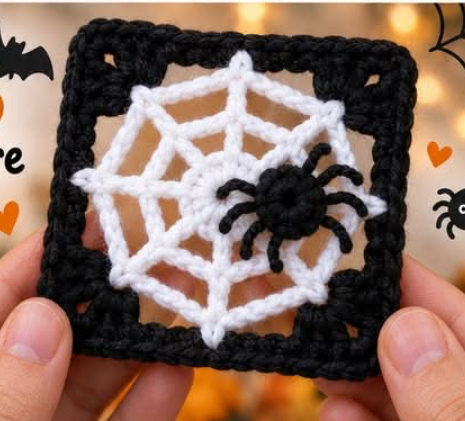 A crocheted square featuring a white spider web with a black 3D spider and black border, shown held in hands.