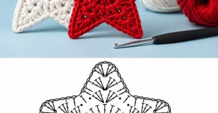 Two crocheted five-pointed star ornaments, one red and one white, with a crochet hook and yarn, and a crochet diagram pattern below.