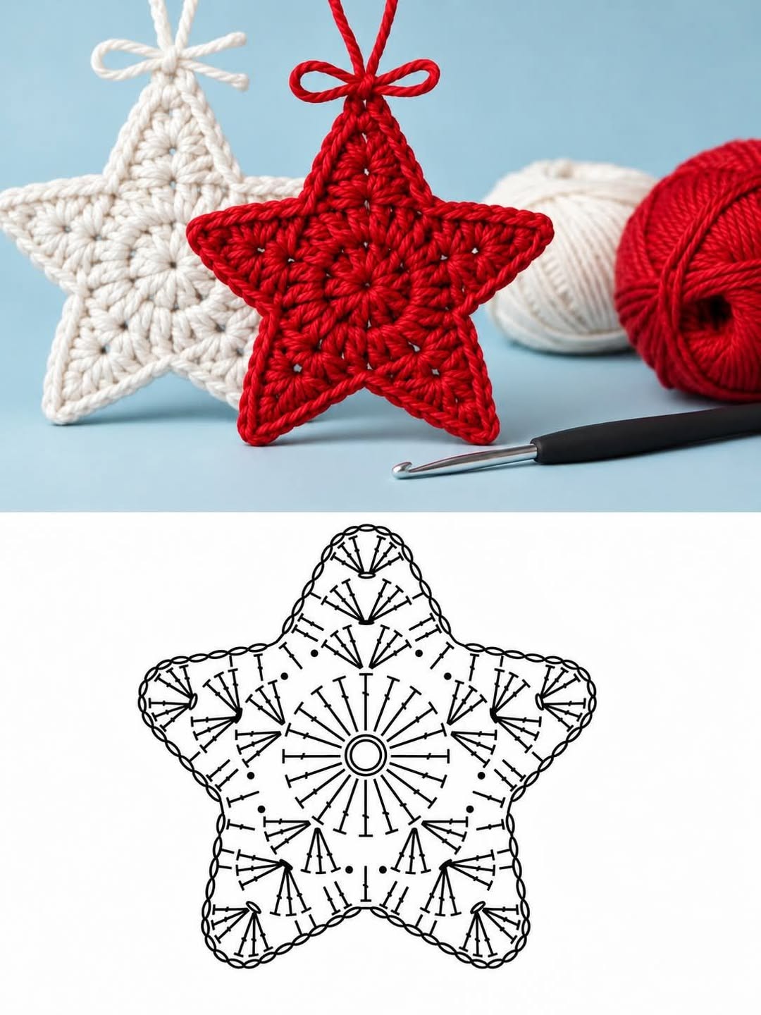 Two crocheted five-pointed star ornaments, one red and one white, with a crochet hook and yarn, and a crochet diagram pattern below.