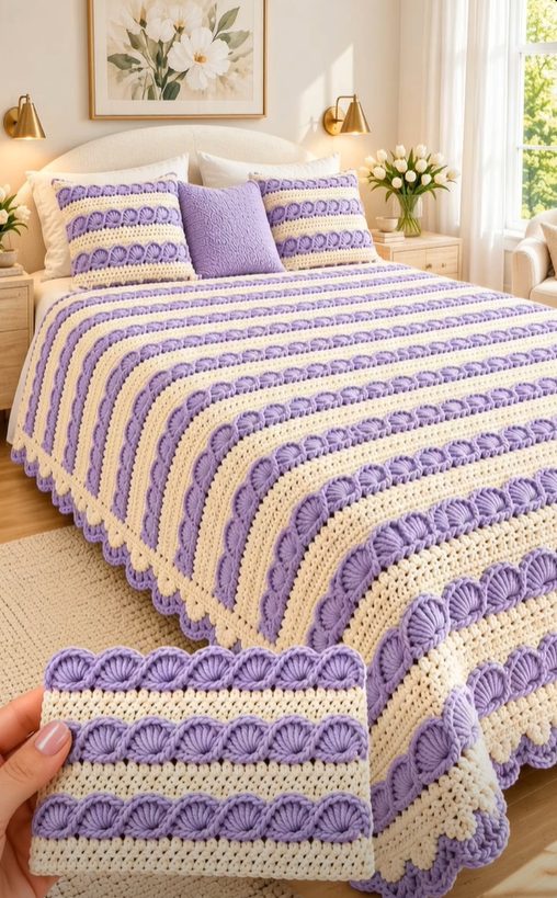 A lavender and cream striped crochet bedspread with a shell stitch texture, matching pillows, and decorative trim on a bed.