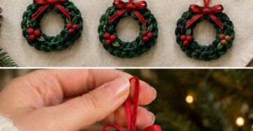 Hand-crocheted green wreath ornaments with red berry accents and red ribbon bows, ideal for Christmas tree decoration.