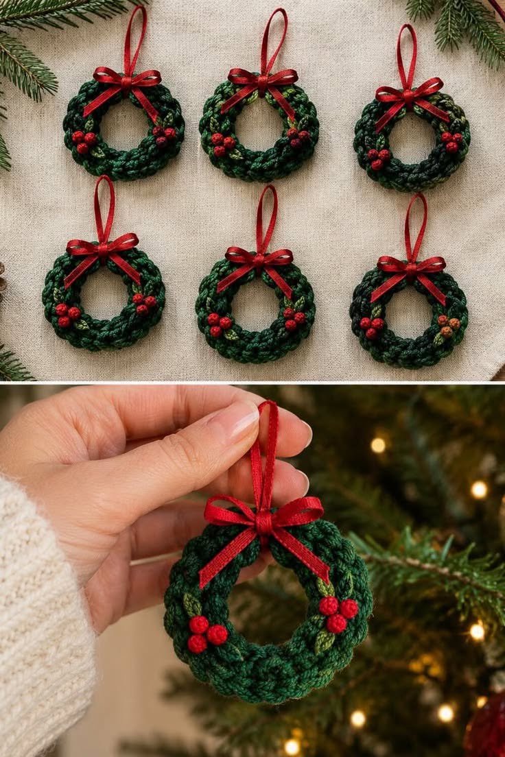 Hand-crocheted green wreath ornaments with red berry accents and red ribbon bows, ideal for Christmas tree decoration.
