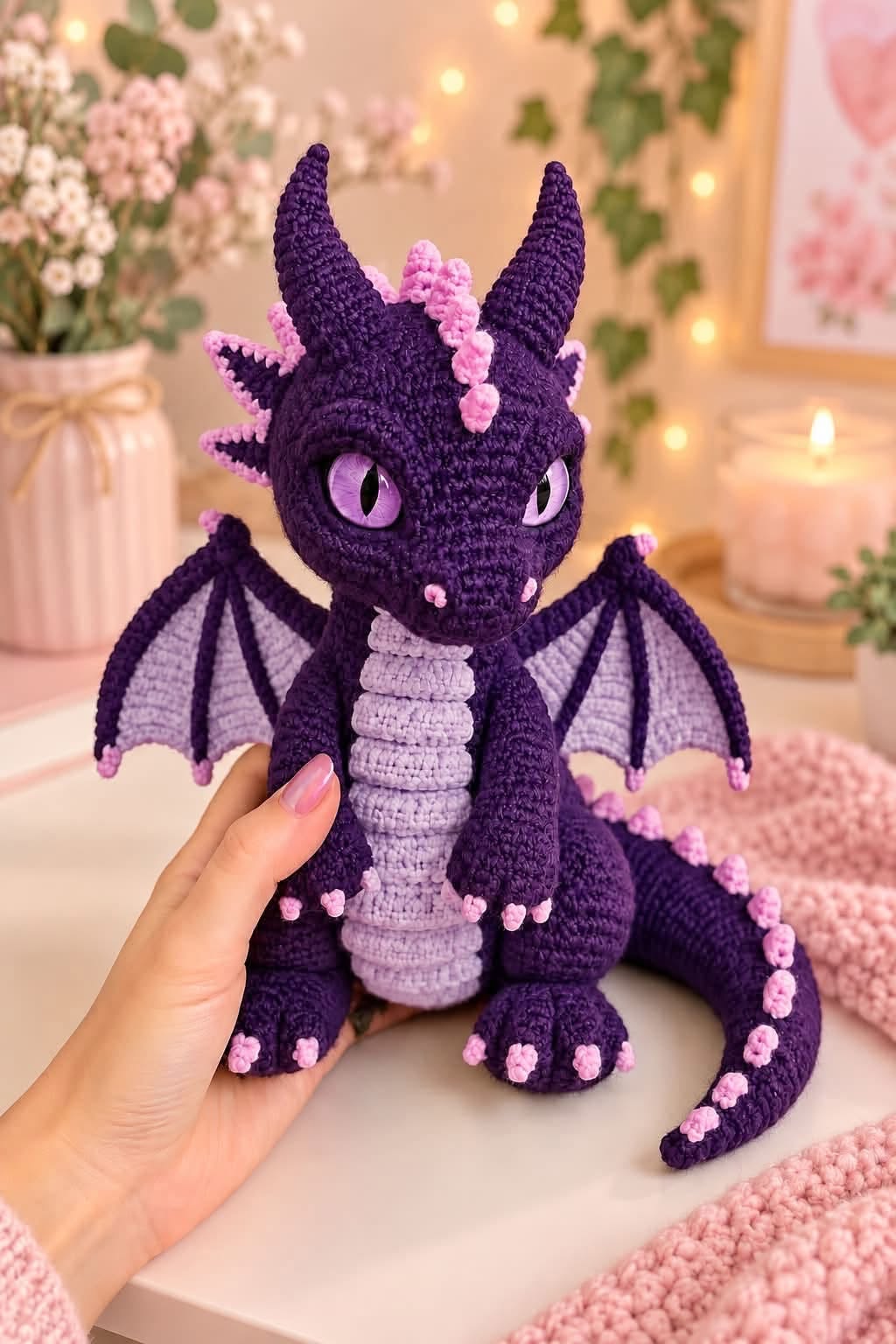 A crocheted purple dragon amigurumi with lavender belly, pink spikes, and detailed purple wings, posed among floral decor and soft lighting.