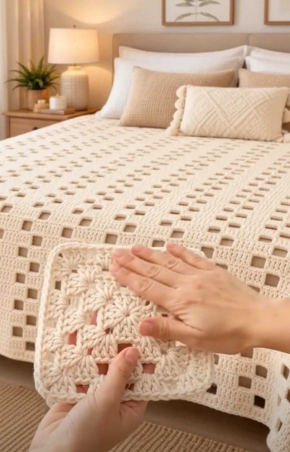 A hand holding a cream-colored crochet granny square in front of a matching crochet bedspread with openwork square motifs on a neatly made bed.