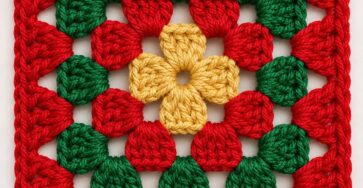 Crochet granny square with a central yellow flower, green and red rounds, and a red edging in holiday colors.