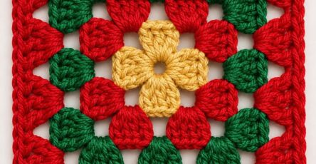 Crochet granny square with a central yellow flower, green and red rounds, and a red edging in holiday colors.