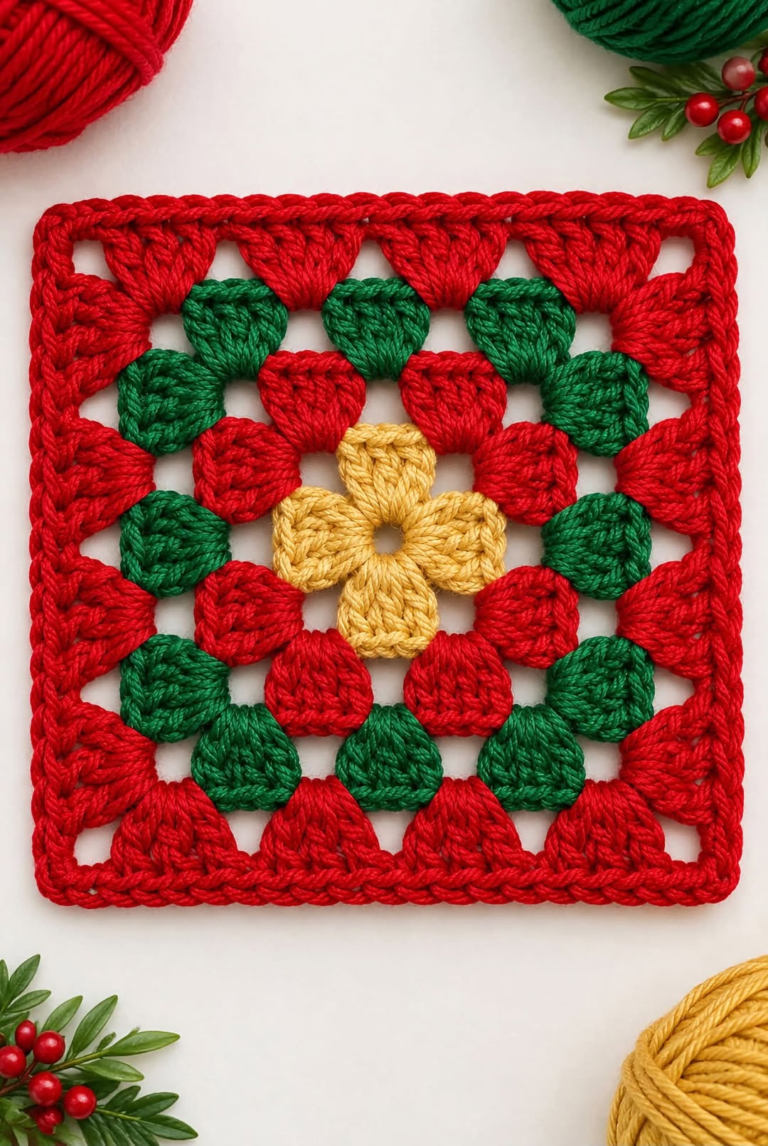 Crochet granny square with a central yellow flower, green and red rounds, and a red edging in holiday colors.
