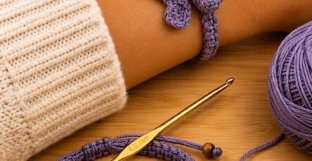A lavender crochet bracelet shaped like a dragon with gold bead details, shown worn on a wrist and laid flat beside a crochet hook and yarn.