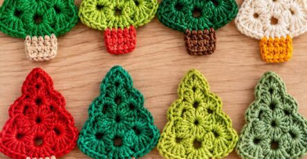 Eight flat crochet Christmas tree appliqués in various festive colors and trunk shades displayed on a wooden plate.