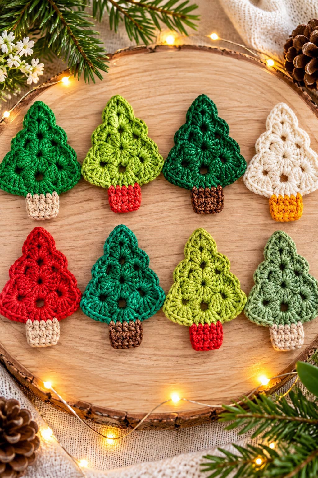 Eight flat crochet Christmas tree appliqués in various festive colors and trunk shades displayed on a wooden plate.