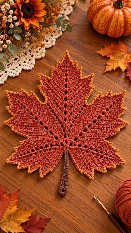 A crocheted maple leaf in autumn colors on a wooden table, surrounded by fall decorations.