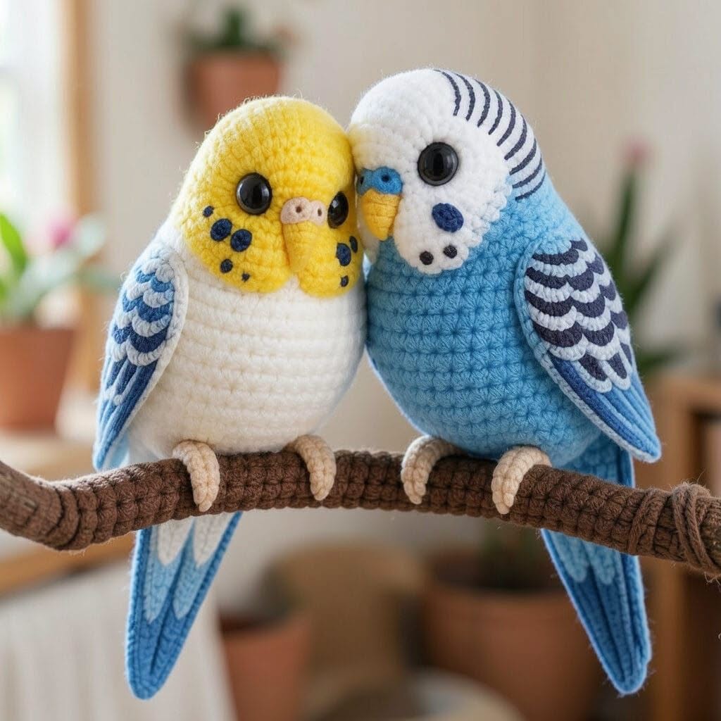 Two crocheted amigurumi budgies, one yellow and one blue, perched side by side on a branch.